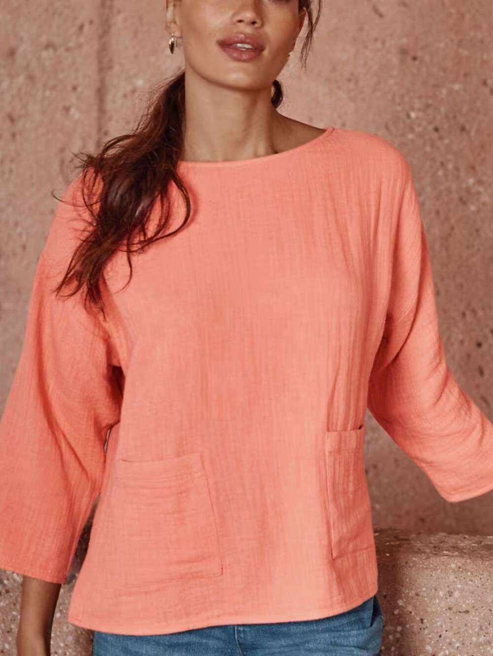 J.JILL | PUREJILL Canyon Clay Gauzy Cotton 2 Pocket Pop-Over Boxy Blouse Size M